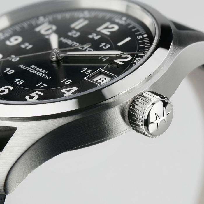 Hamilton Khaki Field Auto H70455733 - cassa acciaio - cinturino nero pelle - quadrante nero con datario