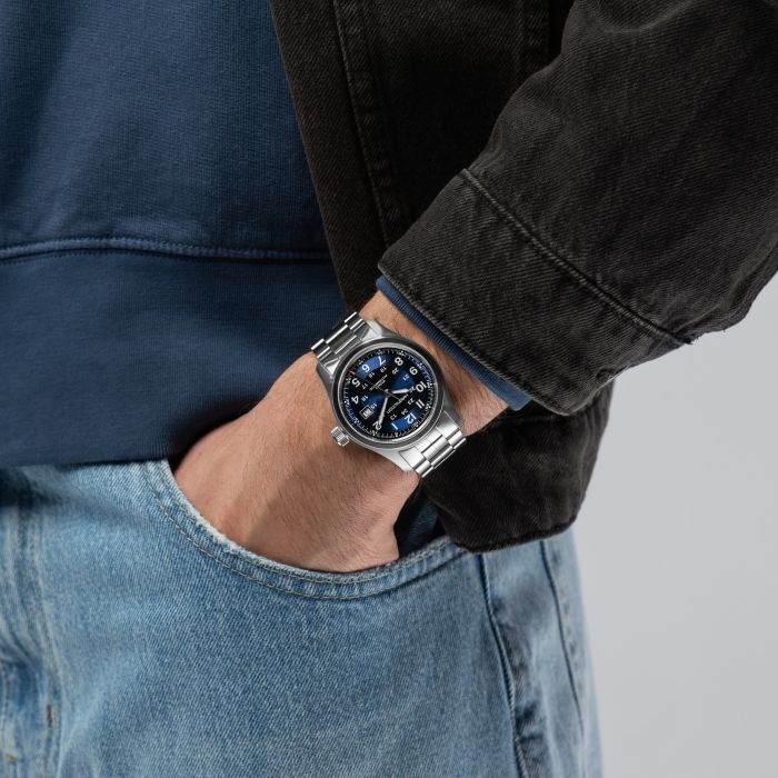 Hamilton Khaki Field Auto H70605140 - bracciale e cassa acciaio - quadrante blu con datario - polso