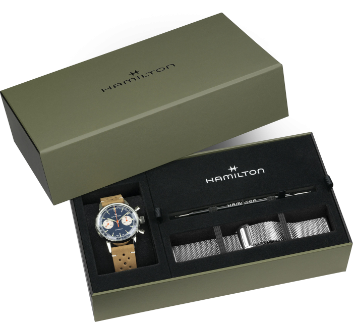 Hamilton American Classic Intra-Matic Chronograph H H38429541 - cassa acciaio - cinturino beige in pelle - quadrante blu con cronografo e tachimetro - box