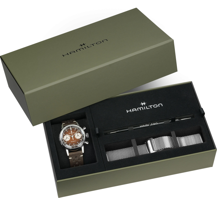 Hamilton American Classic Intra-Matic Chronograph H H38429591  - cassa acciaio - cinturino marrone in pelle - quadrante marrone con cronografo e tachimetro