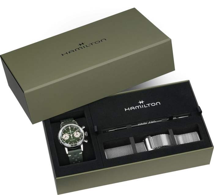 Hamilton American Classic Intra-Matic Chronograph H H38429861 - cassa acciaio - cinturino verde in pelle - quadrante verde con cronografo e tachimetro - box