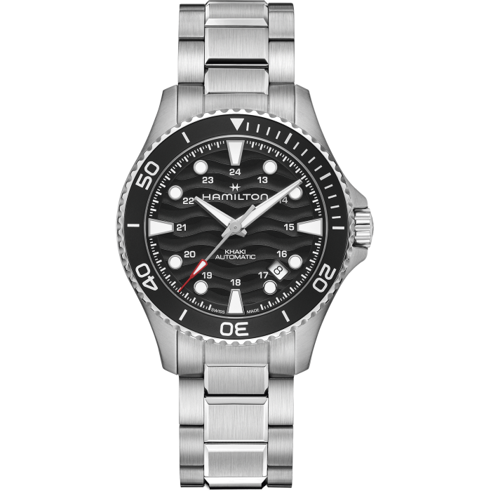 Hamilton Khaki Navy auto H82415130 - bracciale e cassa acciaio - quadrante nero con datario