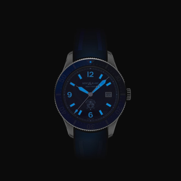Montblanc Iced Sea Automatic Date 129370 - cinturino, quadrante e ghiera blu - cassa acciaio