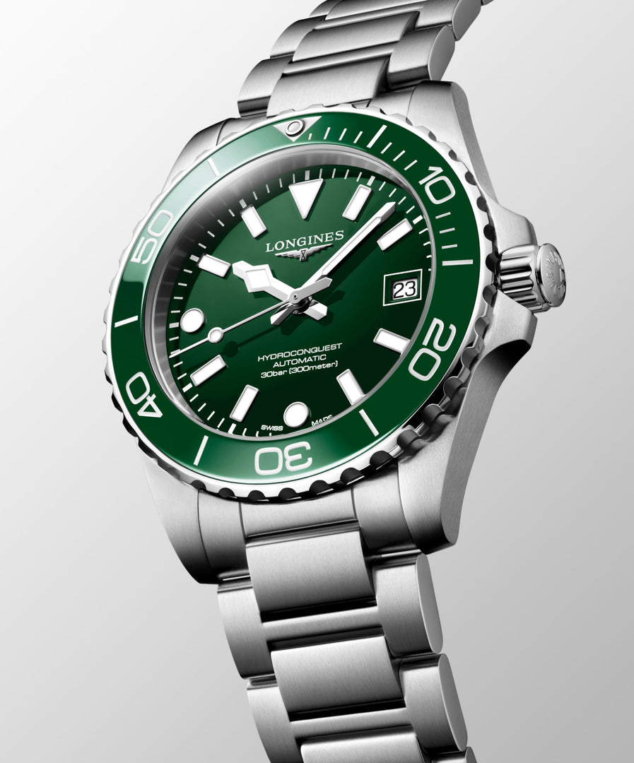 Longines Hydroconquest 39mm L3.779.4.06.6 - bracciale e cassa acciaio - quadrante verde smeraldo con datario - ghiera ceramica verde smeraldo 