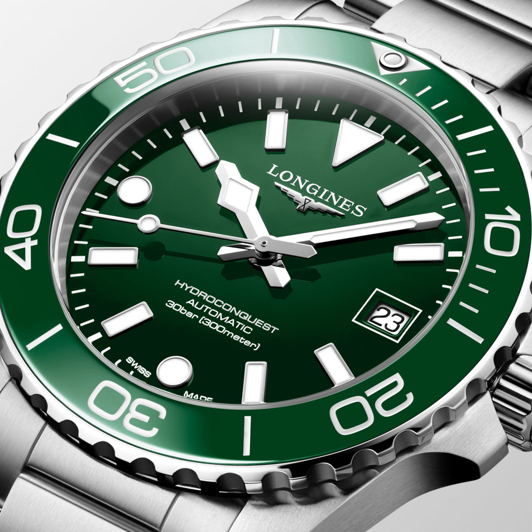 Longines Hydroconquest 39mm L3.779.4.06.6 - bracciale e cassa acciaio - quadrante verde smeraldo con datario - ghiera ceramica verde smeraldo 