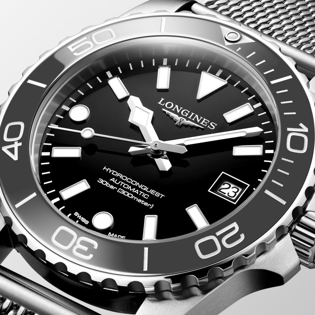 Longines Hydroconquest 39mm L3.779.4.70.6 - bracciale e cassa acciaio - quadrante nero laccato lucido con datario - ghiera grigia