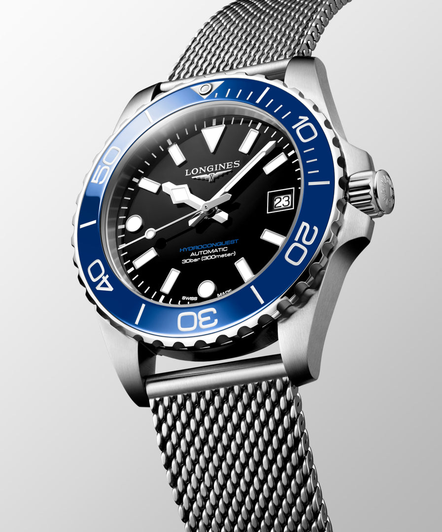 Longines Hydroconquest 39mm L3.779.4.90.6 - bracciale e cassa acciaio - quadrante nero laccato lucido - ghiera blu