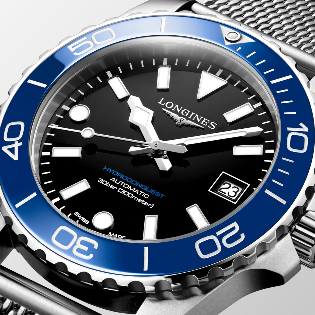 Longines Hydroconquest 39mm L3.779.4.90.6 - bracciale e cassa acciaio - quadrante nero laccato lucido - ghiera blu