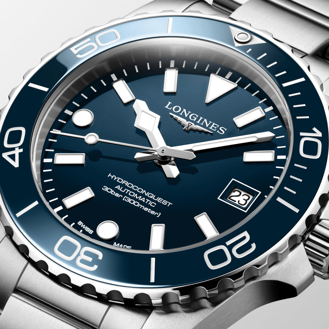 Longines Hydroconquest 39mm L3.779.4.96.6 - bracciale e cassa acciaio - quadrante blu con datario - ghiera blu