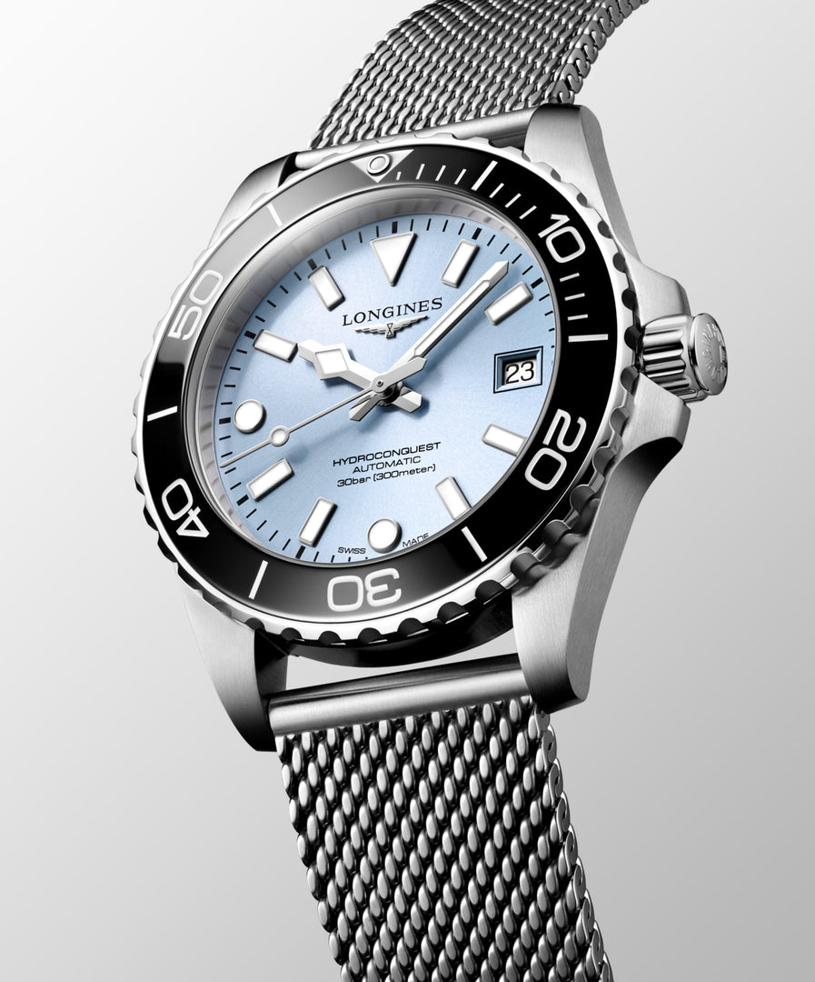 Longines Hydroconquest 39mm L3.779.4.99.6 - bracciale e cassa acciaio - quadrante azzurro ghiaccio con datario - ghiera ceramica nera