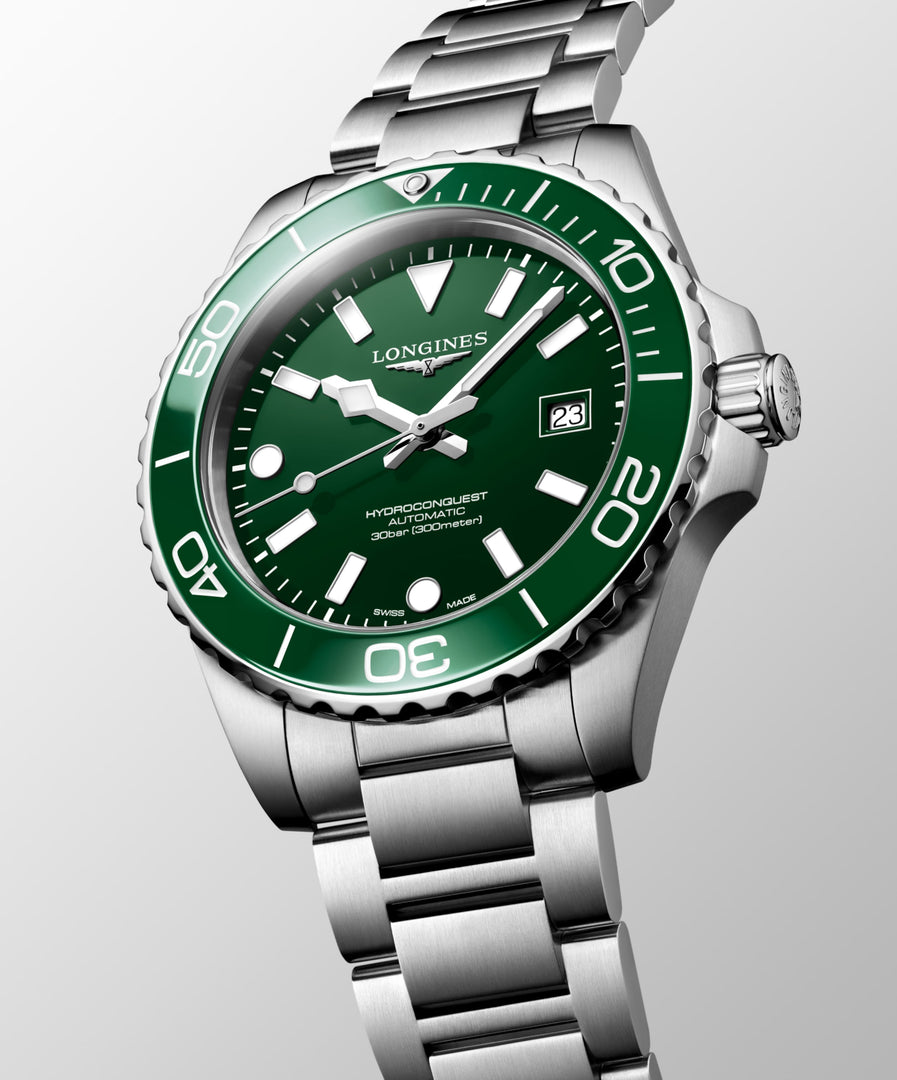 Longines Hydroconquest 42mm L3.788.4.06.6 - bracciale e cassa acciaio - quadrante verde smeraldo con datario - ghiera ceramica verde smeraldo