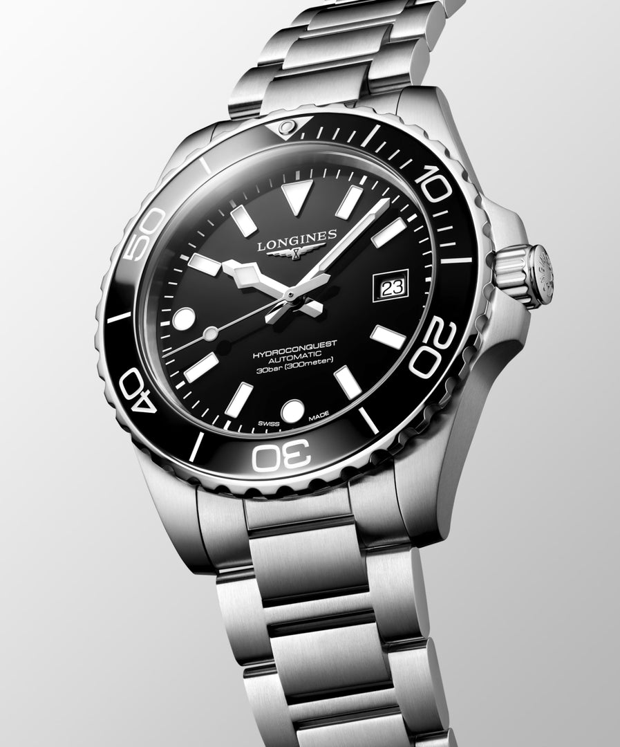 Longines Hydroconquest 42mm L3.788.4.56.6 - bracciale e cassa acciaio - quadrante nero lucido e ghiera nera