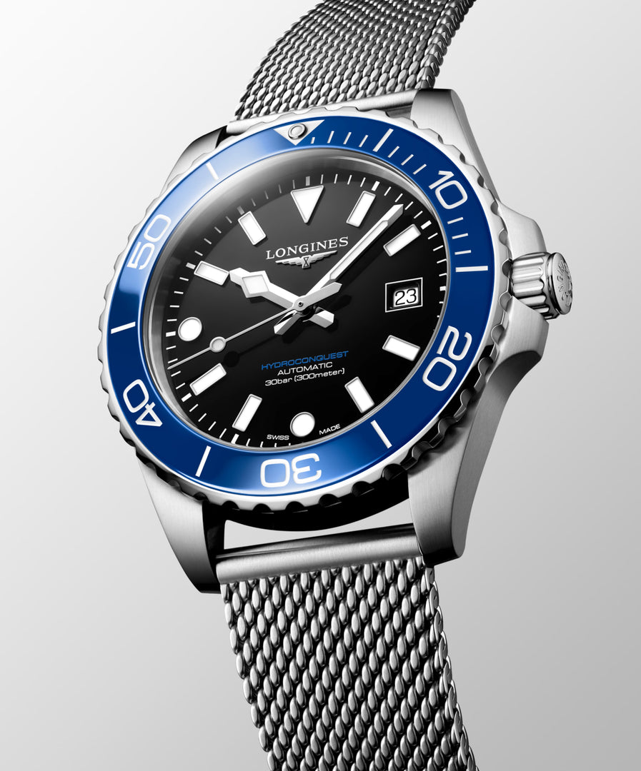 Longines Hydroconquest 42mm L3.788.4.90.6  - bracciale e cassa acciaio - quadrante nero lucido - ghiera blu