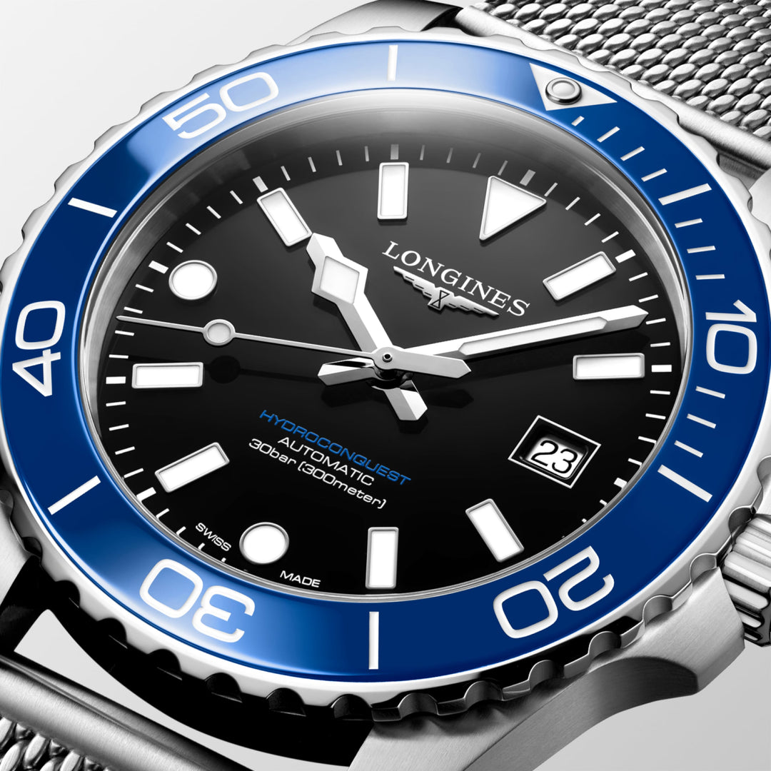 Longines Hydroconquest 42mm L3.788.4.90.6  - bracciale e cassa acciaio - quadrante nero lucido - ghiera blu