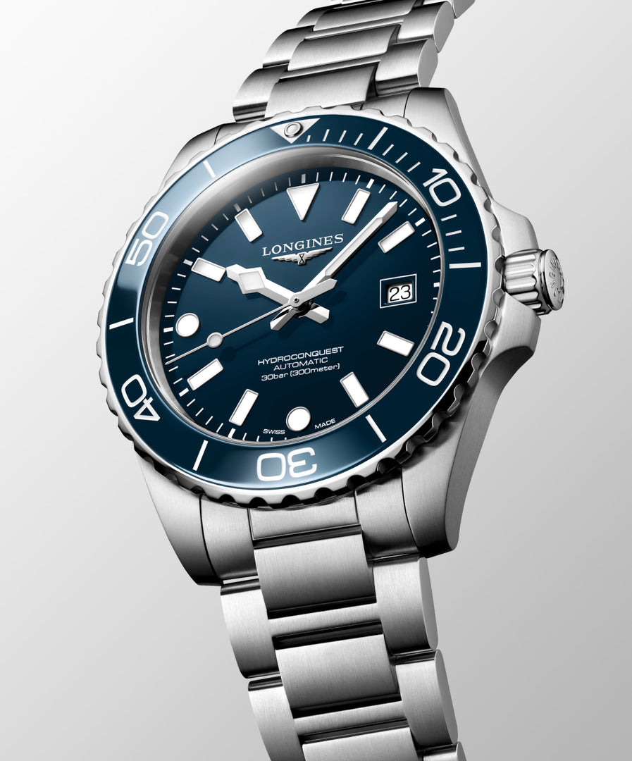Longines Hydroconquest 42mm L3.788.4.96.6 - bracciale e cassa acciaio - quadrante e ghiera blu lucido - datario