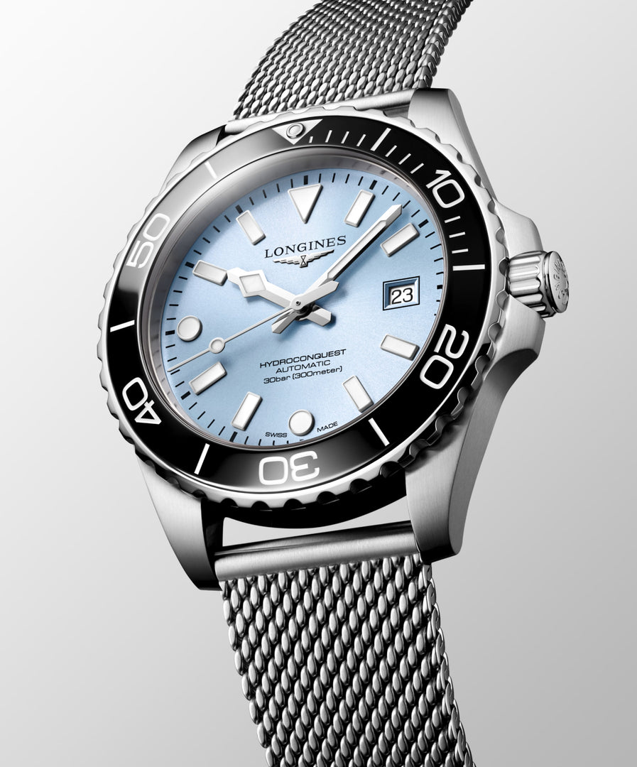 Longines Hydroconquest 42mm L3.788.4.99.6 - bracciale e cassa acciaio - quadrante azzurro ghiaccio con datario - ghiera ceramica nera