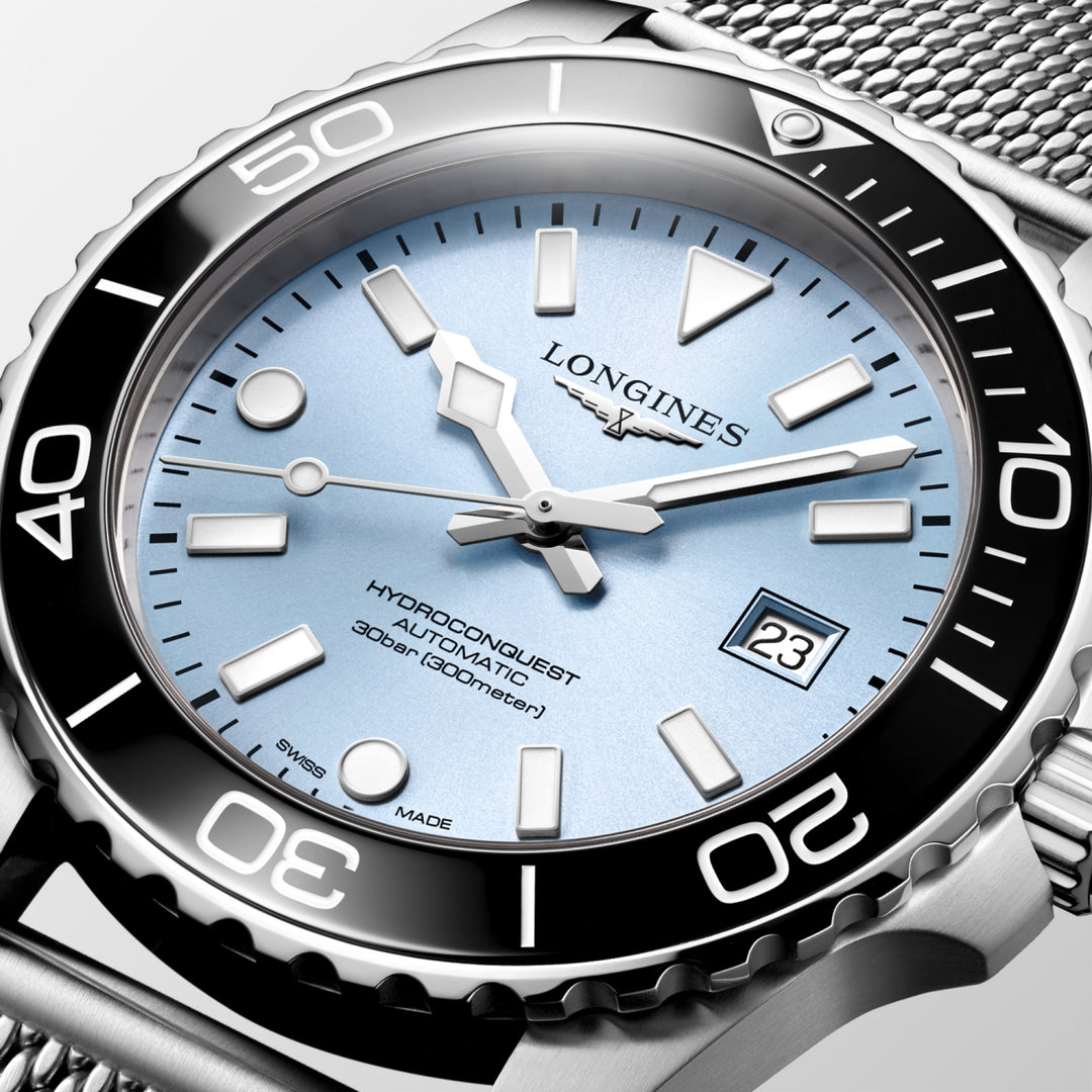 Longines Hydroconquest 42mm L3.788.4.99.6 - bracciale e cassa acciaio - quadrante azzurro ghiaccio con datario - ghiera ceramica nera