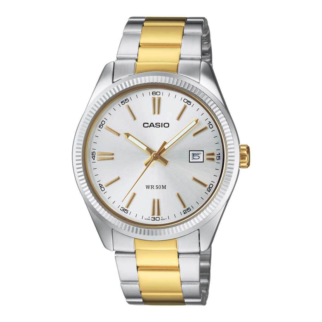 Casio MTP-1302 MTP-1302PSG-7AV - bracciale acciaio e oro giallo - cassa acciaio - quadrante argento con datario