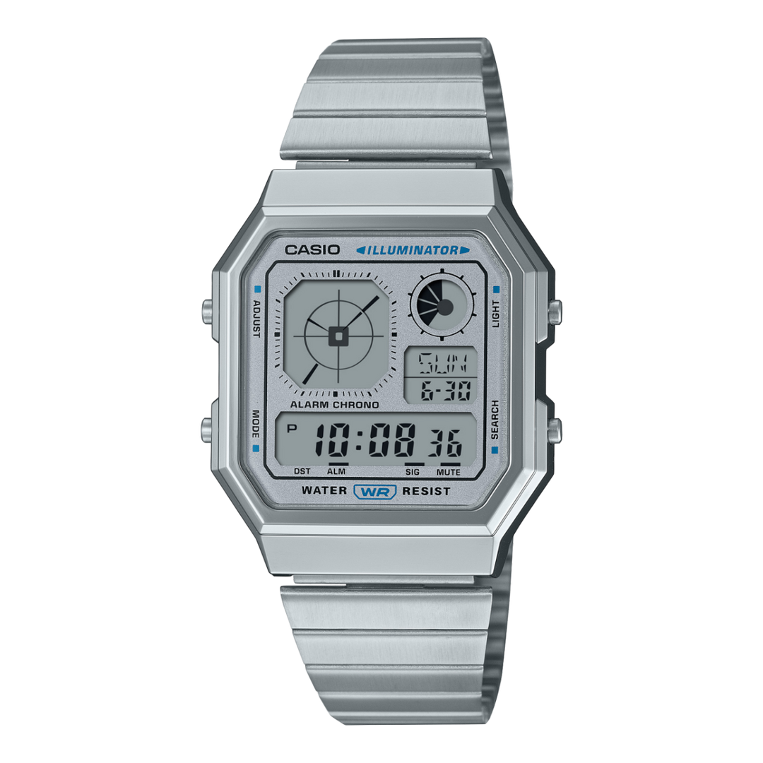 Casio Edgy A130WE-7AEF - bracciale e cassa grigi - quadrante digitale grigio multifunzionale