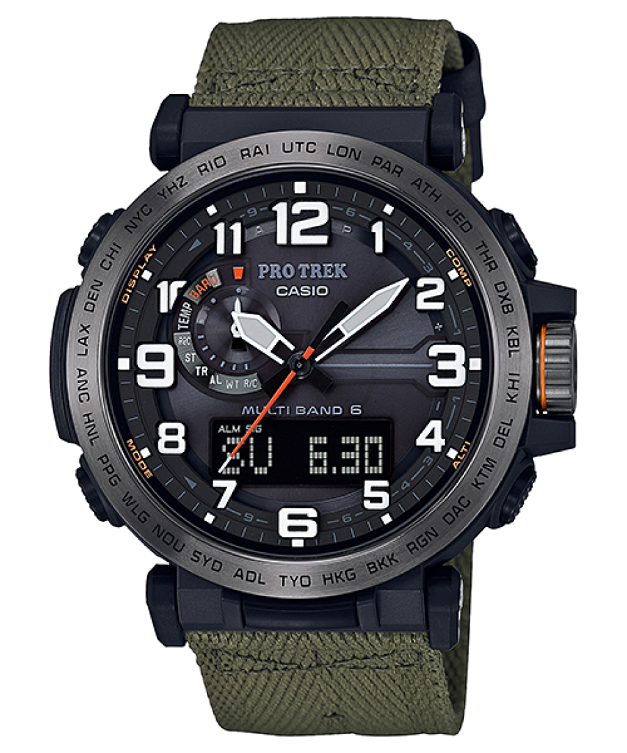 Casio Pro Trek PRW-6600 PRW-6600YB-3ER - cinturino tessuto verde scuro - cassa resina nera - quadrante nero multifunzione