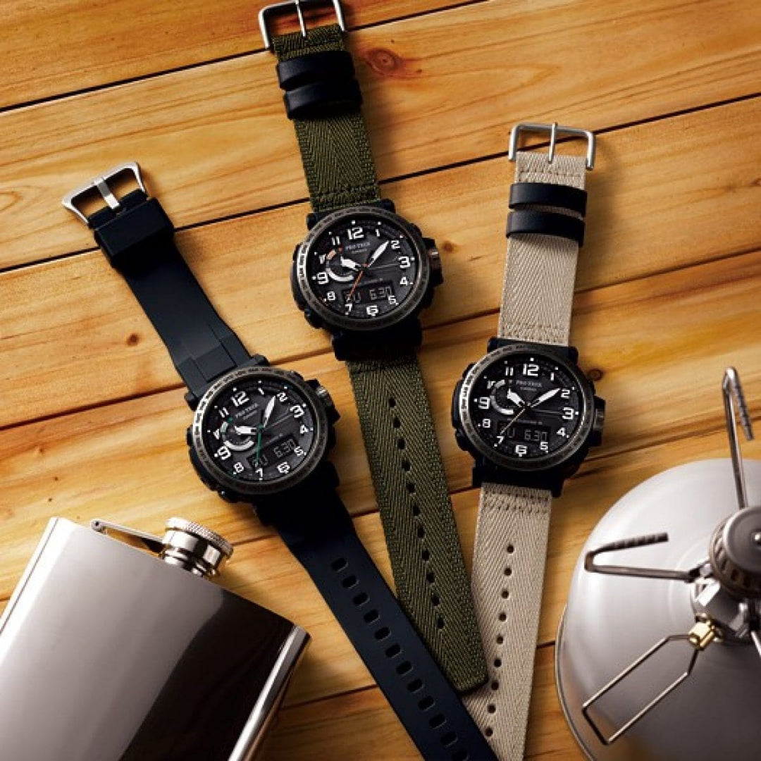 Casio Pro Trek PRW-6600 PRW-6600YB-3ER - cinturino tessuto verde scuro - cassa resina nera - quadrante nero multifunzione