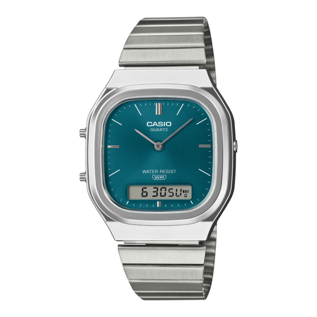 Casio Edgy AQ-240E-3AEF - bracciale acciaio - cassa resina grigia - quadrante turchese multifunzione