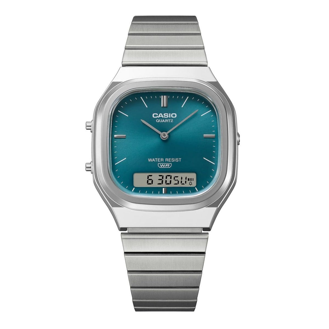 Casio Edgy AQ-240E-3AEF - bracciale acciaio - cassa resina grigia - quadrante turchese multifunzione