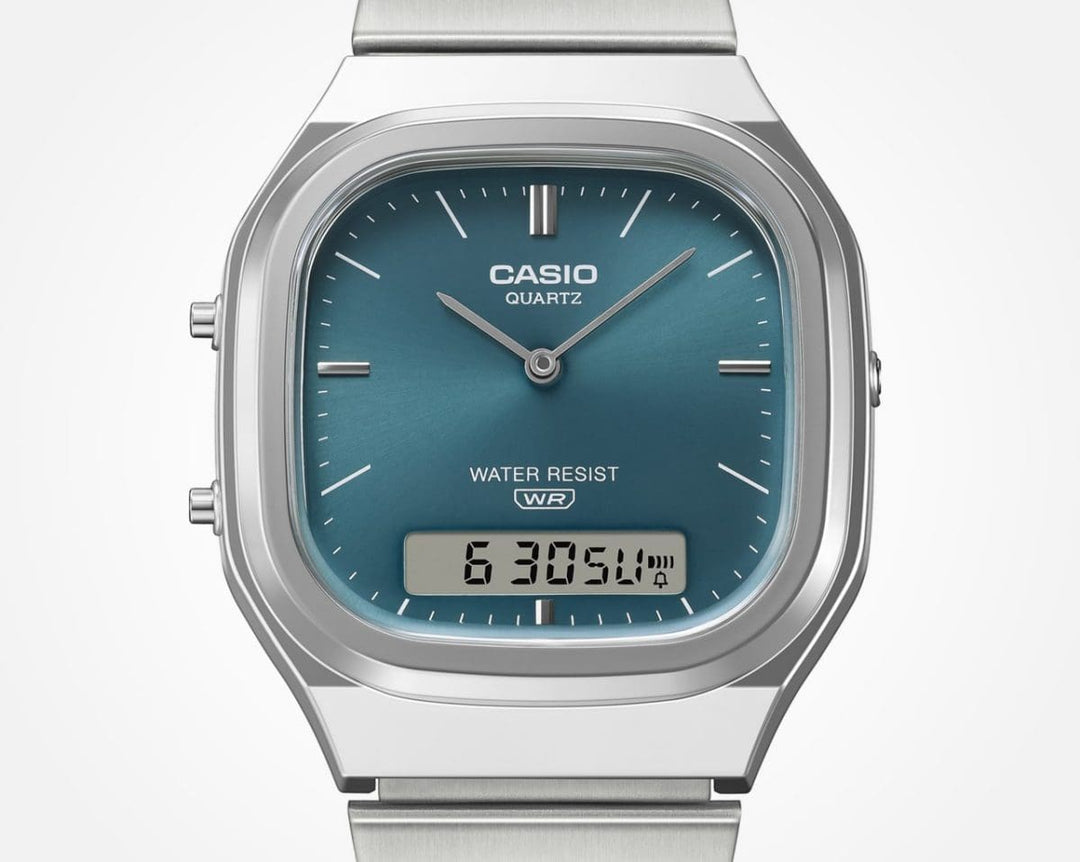 Casio Edgy AQ-240E-3AEF - bracciale acciaio - cassa resina grigia - quadrante turchese multifunzione