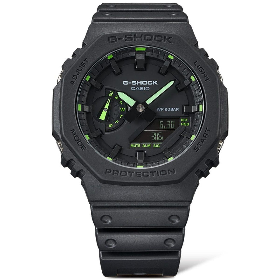 Casio G-shock classic GA-2100-1A3ER - cinturino e cassa resina neri - quadrante multifunzione nero con dettagli verdi