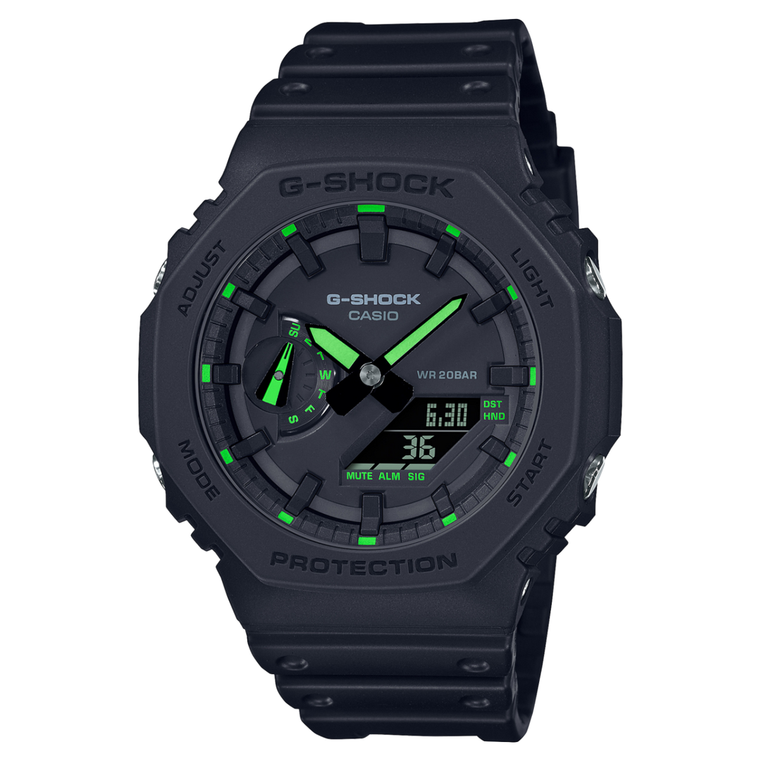 Casio G-shock classic GA-2100-1A3ER - cinturino e cassa resina neri - quadrante multifunzione nero con dettagli verdi
