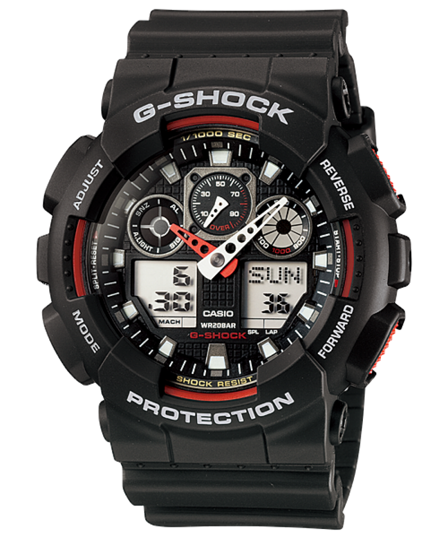 Casio G-shock classic GA-100-1A4ER - cinturino e cassa resina nera - quadrante multifunzione nero con dettagli rossi