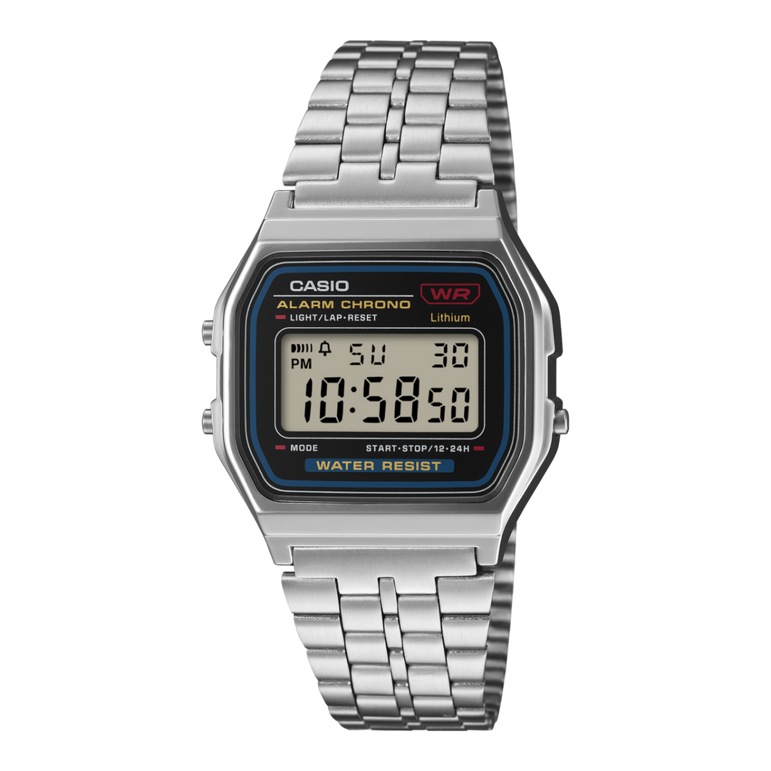 Casio Iconic A159WE-1EF - bracciale acciaio - cassa resina grigia - quadrante nero multifunzione