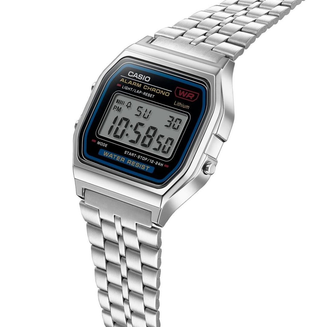 Casio Iconic A159WE-1EF - bracciale acciaio - cassa resina grigia - quadrante nero multifunzione