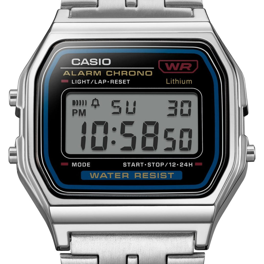 Casio Iconic A159WE-1EF - bracciale acciaio - cassa resina grigia - quadrante nero multifunzione