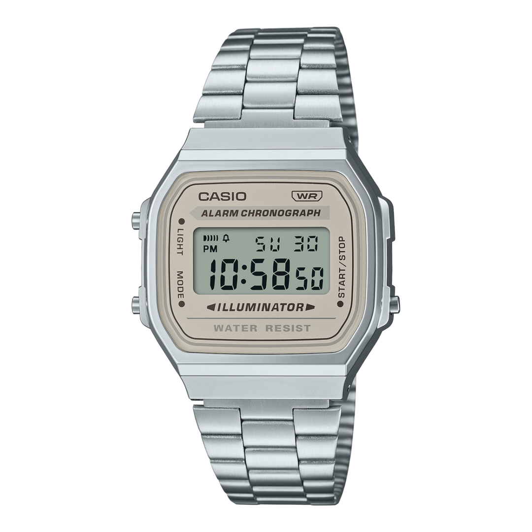 Casio Vintage A168WA-8AYES - cinturino acciaio - cassa resina grigia - quadrante grigia multifunzione