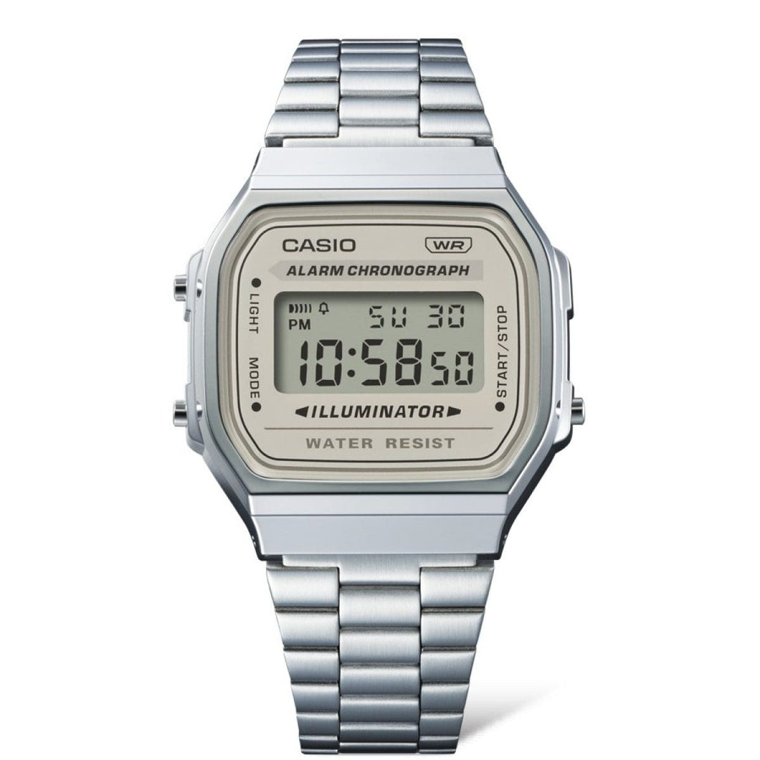 Casio Vintage A168WA-8AYES - cinturino acciaio - cassa resina grigia - quadrante grigia multifunzione