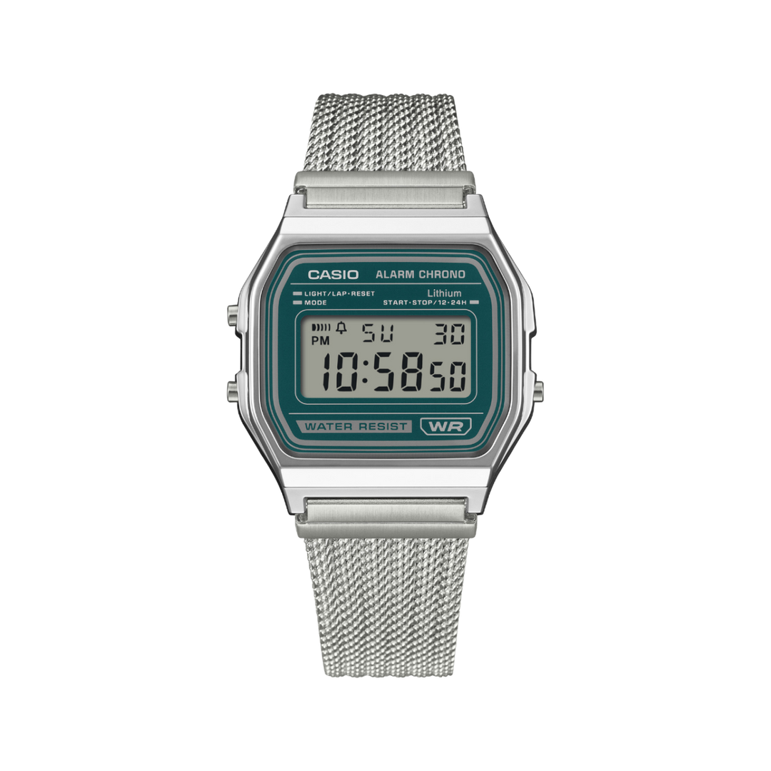 Casio Iconic A158WEM-3EF - bracciale acciaio - cassa resina grigia - quadrante verde scuro multifunzionale