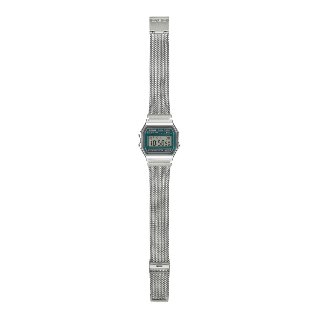 Casio Iconic A158WEM-3EF - bracciale acciaio - cassa resina grigia - quadrante verde scuro multifunzionale