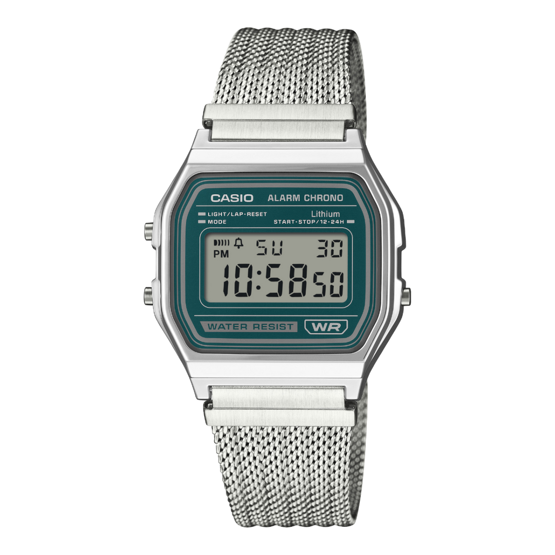 Casio Iconic A158WEM-3EF - bracciale acciaio - cassa resina grigia - quadrante verde scuro multifunzionale