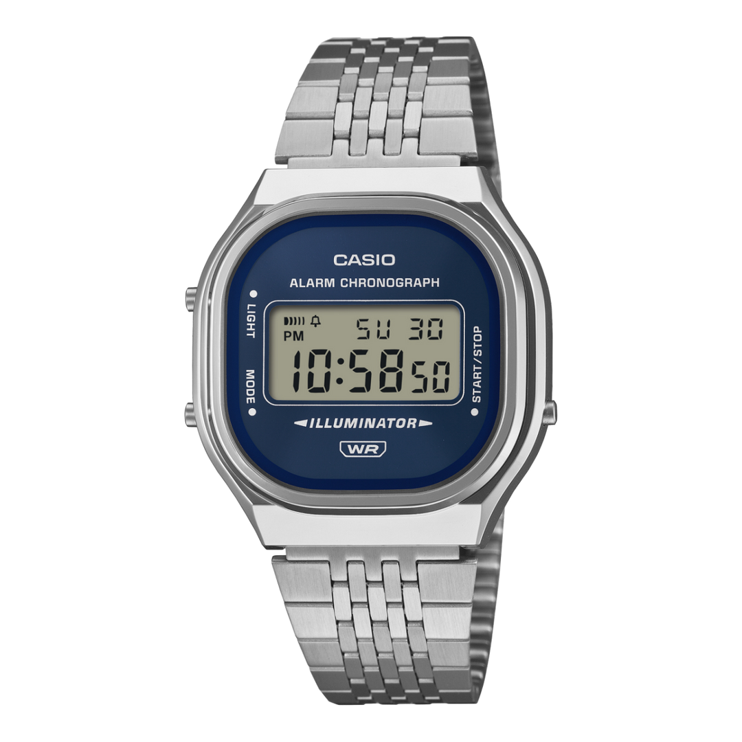 Casio Vintage A140WE-2AEF - cassa resina grigia - bracciale acciaio - quadrante blu sunray multifunzione