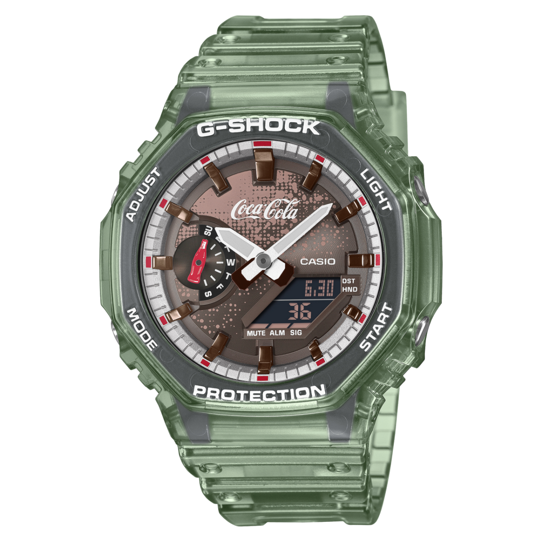 Casio G-shock x Coca-Cola GA-2100CC-3AER - cinturino e cassa resina verde chiaro - quadrante marrone multifunzione