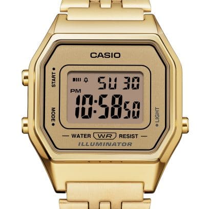 Casio Vintage LA680WEGA-9ER - bracciale acciaio dorato - cassa resina oro - quadrante digitale oro