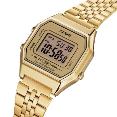 Casio Vintage LA680WEGA-9ER - bracciale acciaio dorato - cassa resina oro - quadrante digitale oro