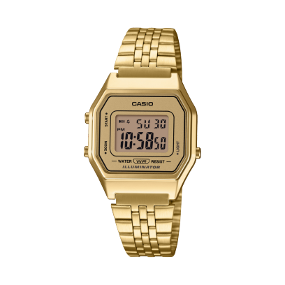 Casio Vintage LA680WEGA-9ER - bracciale acciaio dorato - cassa resina oro - quadrante digitale oro