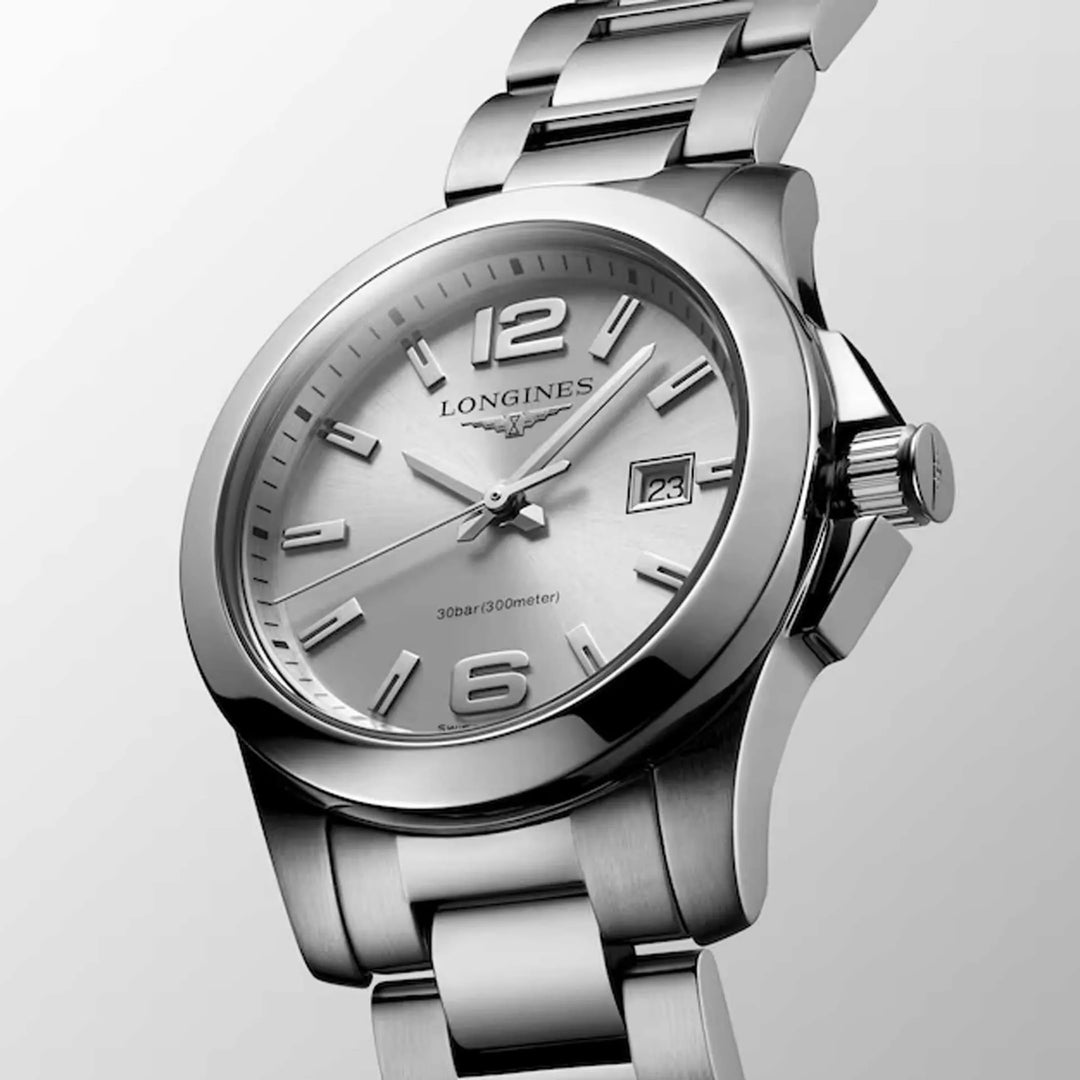Longines Conquest L3.376.4.76.6 - cassa e bracciale acciaio - quadrante argento con datario