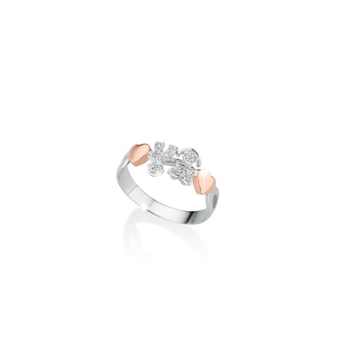 Anello con sagome Bimbo e Bimba in Oro Bianco e Diamanti