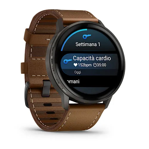 Garmin Venu® 4 - 45mm 010-03014-03 - cinturino pelle marrone - cassa acciaio nera - quadrante multifunzionale nero