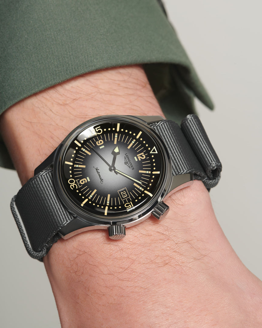 Longines Legend Diver L3.774.4.70.2 - cassa acciaio - cinturino tessuto nero - quadrante grigio/nero con datario