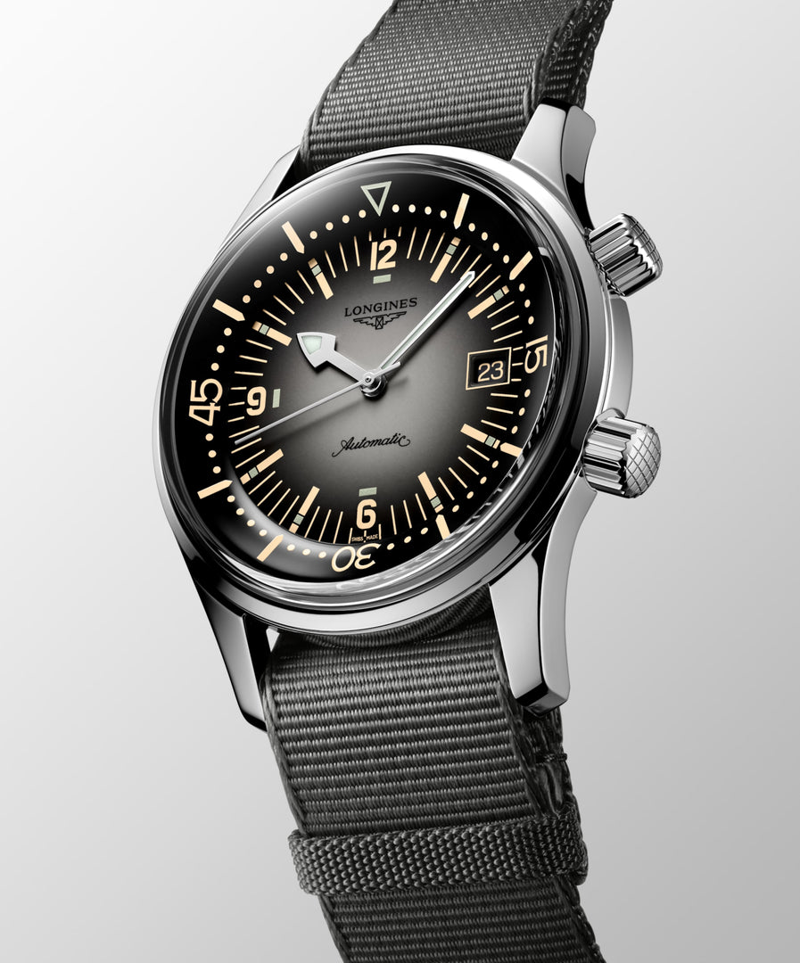 Longines Legend Diver L3.774.4.70.2 - cassa acciaio - cinturino tessuto nero - quadrante grigio/nero con datario