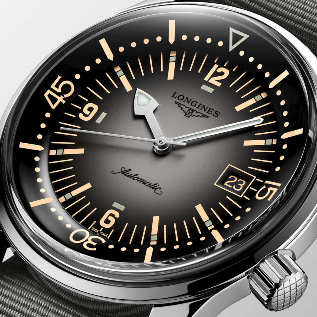 Longines Legend Diver L3.774.4.70.2 - cassa acciaio - cinturino tessuto nero - quadrante grigio/nero con datario